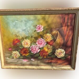 Vintage Oil Painting on Canvas Still Life Wall Art - Pink, Yellow & Red Roses